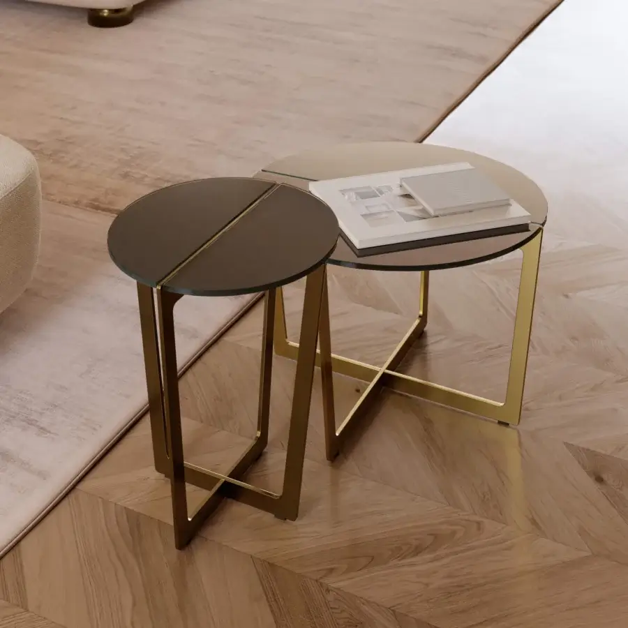 Distinguished Bontempi Cross coffee table with golden metal frame, glossy finish and nesting glass tabletop with dark top