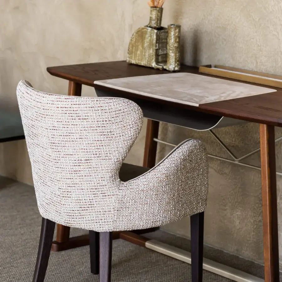 Superior Borzalino Elektra armchair upholstered in light beige textured fabric with chromed metal zipper detail and solid natural oak base