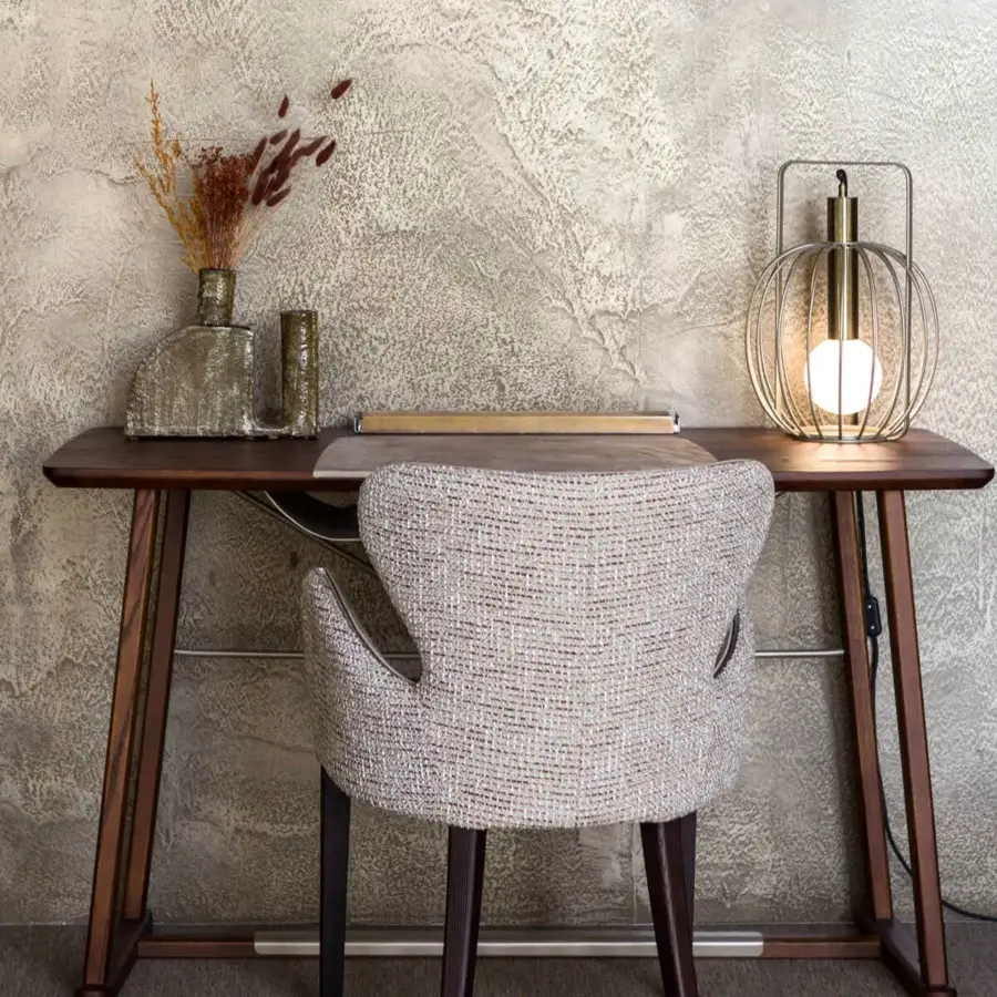 Lavish Borzalino Elektra armchair upholstered in light beige textured textile with chromed metal and strass detail