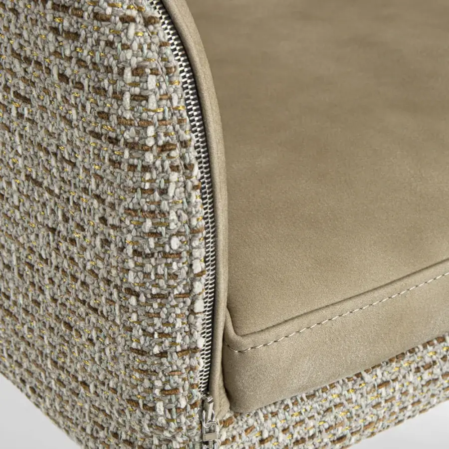 Exceptional Borzalino Elektra armchair upholstered in woven brown textile with a light brown suede seat and chromed metal zipper detail