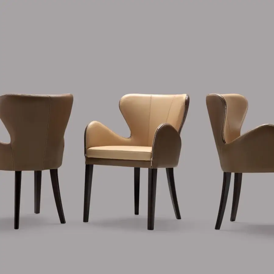 Exceptional Borzalino Elektra armchair with bi-cover upholstery in tan fabric and leather, built with natural oak legs and chromed metal accents