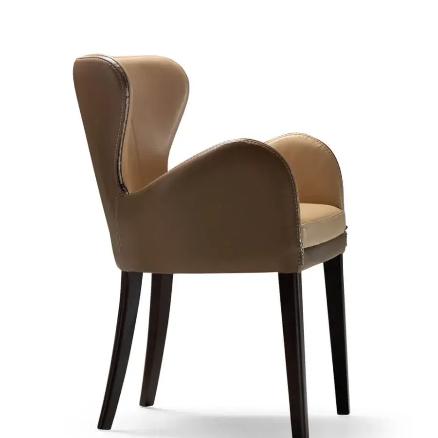 Superior Borzalino Elektra armchair with bi-cover upholstery in light tan fabric and darker brown leather, finished with chromed metal and natural oak legs