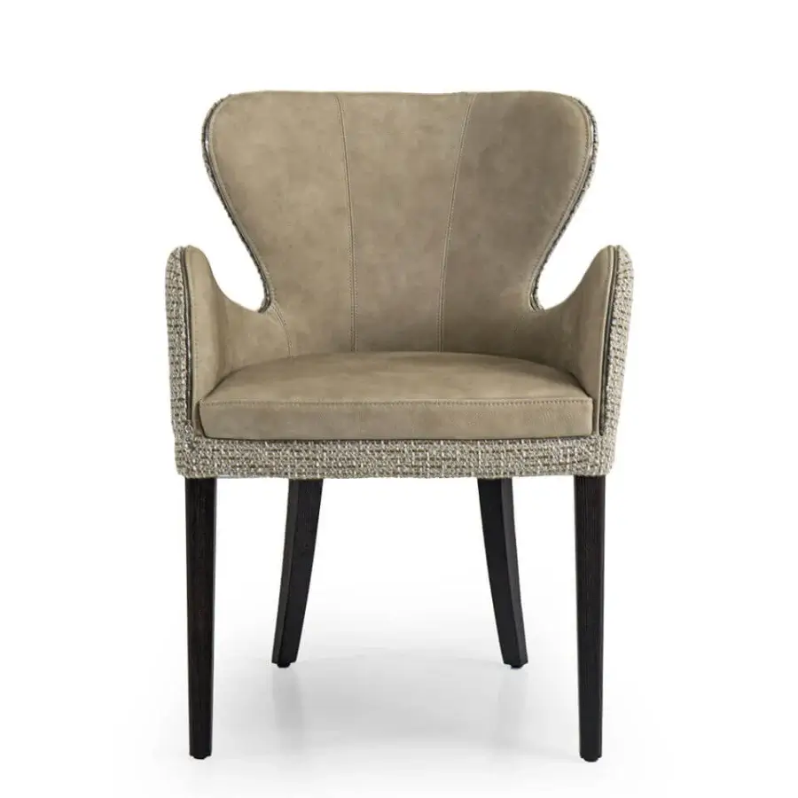 Distinguished Borzalino Elektra armchair with sinuous curves upholstered in light beige fabric and solid natural oak legs with chromed zipper detail