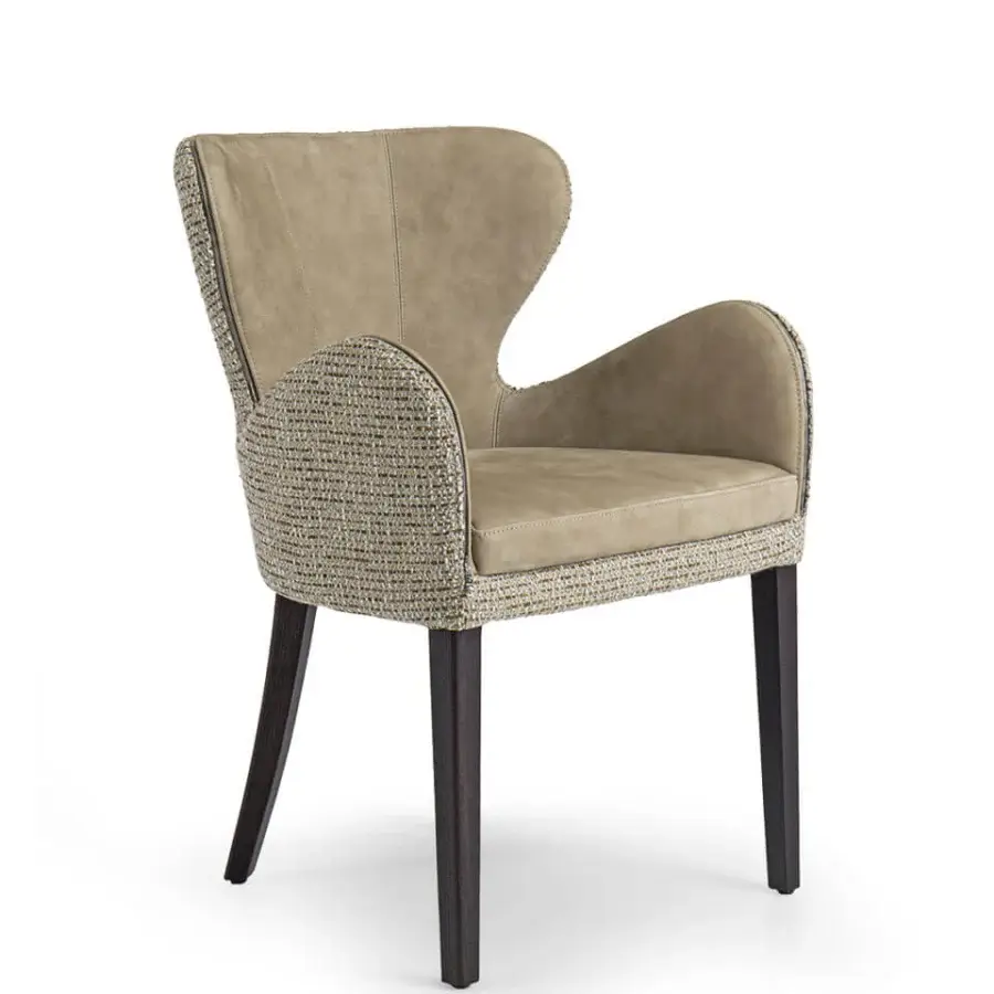 Exceptional Borzalino Elektra armchair with sinuous curves, bi-cover in light brown textile and synthetic leather, plus chromed metal zipper detail