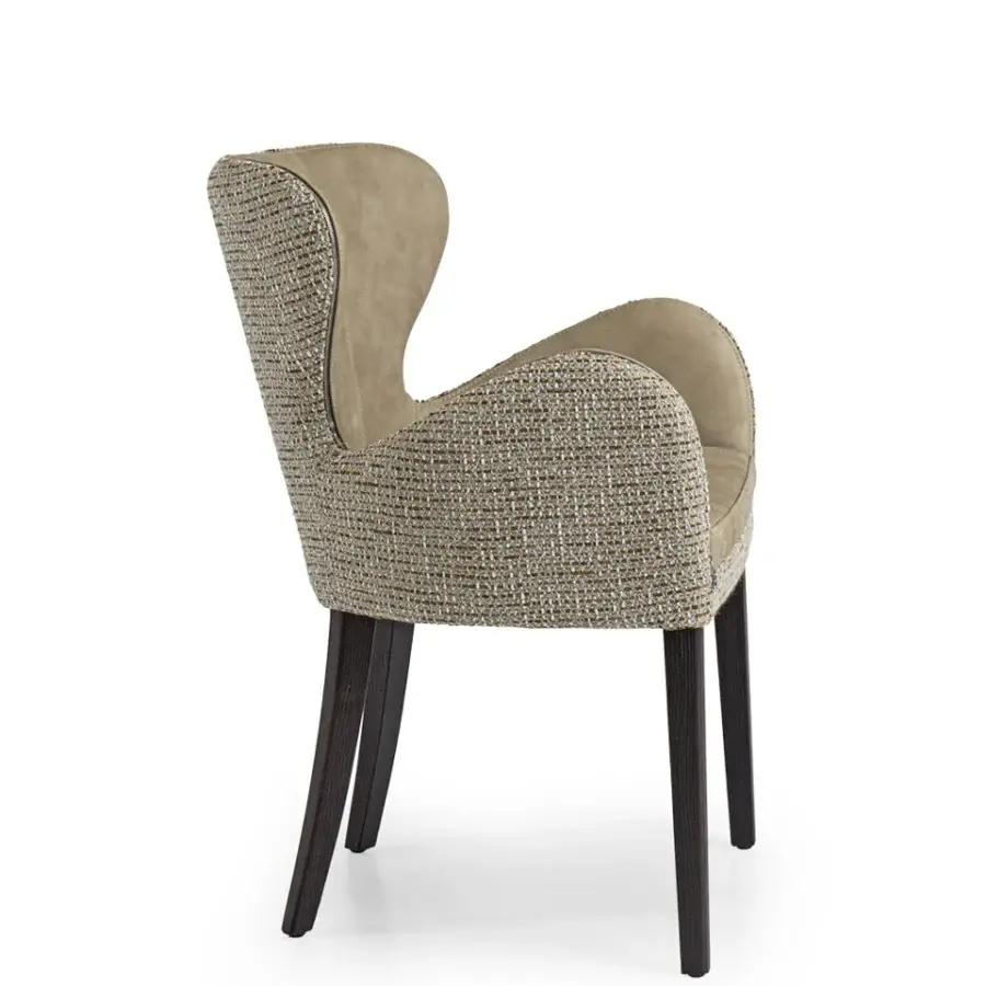 Superior Borzalino Elektra armchair with unique curves upholstered in woven brown textile and chromed metal zipper with natural oak legs
