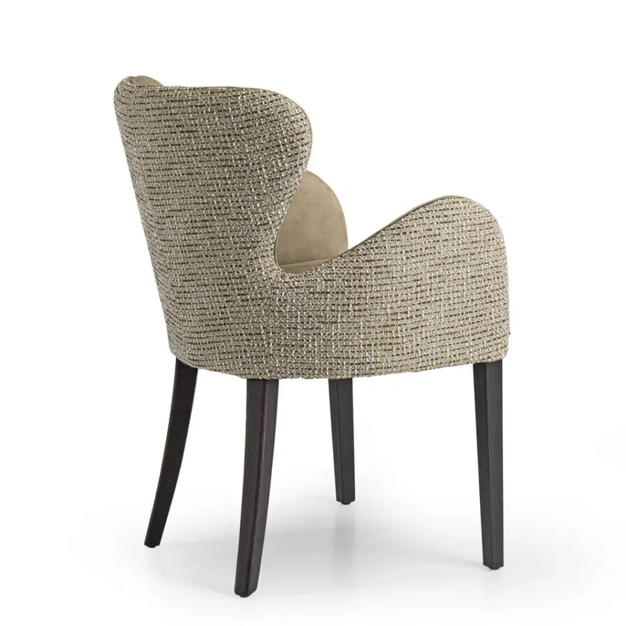 Lavish Borzalino Elektra armchair with sinuous curves upholstered in textured light brown textile with chromed metal detail and dark lacquered oak legs