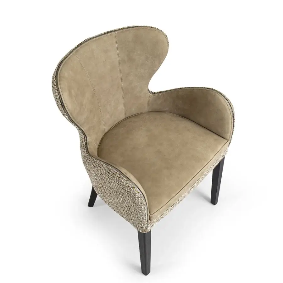 Distinguished Borzalino Elektra armchair with sinuous curves upholstered in textured beige fabric and matte beige leather with a solid natural oak base