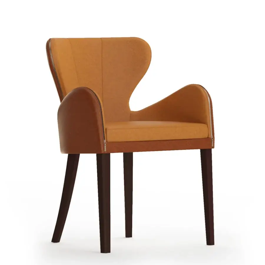 Exclusive Borzalino Elektra armchair with sinuous curves upholstered in bi-cover fabric and dark brown leather with lacquered oak legs