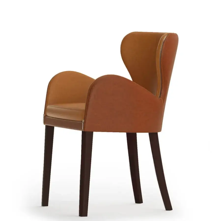 Superior Borzalino Elektra armchair with unique curves upholstered in bi-cover reddish-brown leather and tan fabric with chromed metal zipper detail