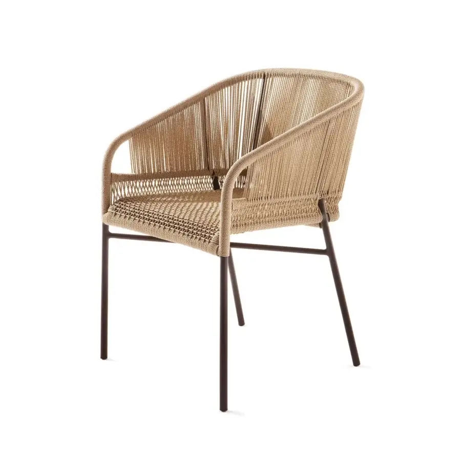 Exceptional Varaschin Cricket armchair with a light tan hand-made lanyard and dark brown matte powder-coated aluminum frame
