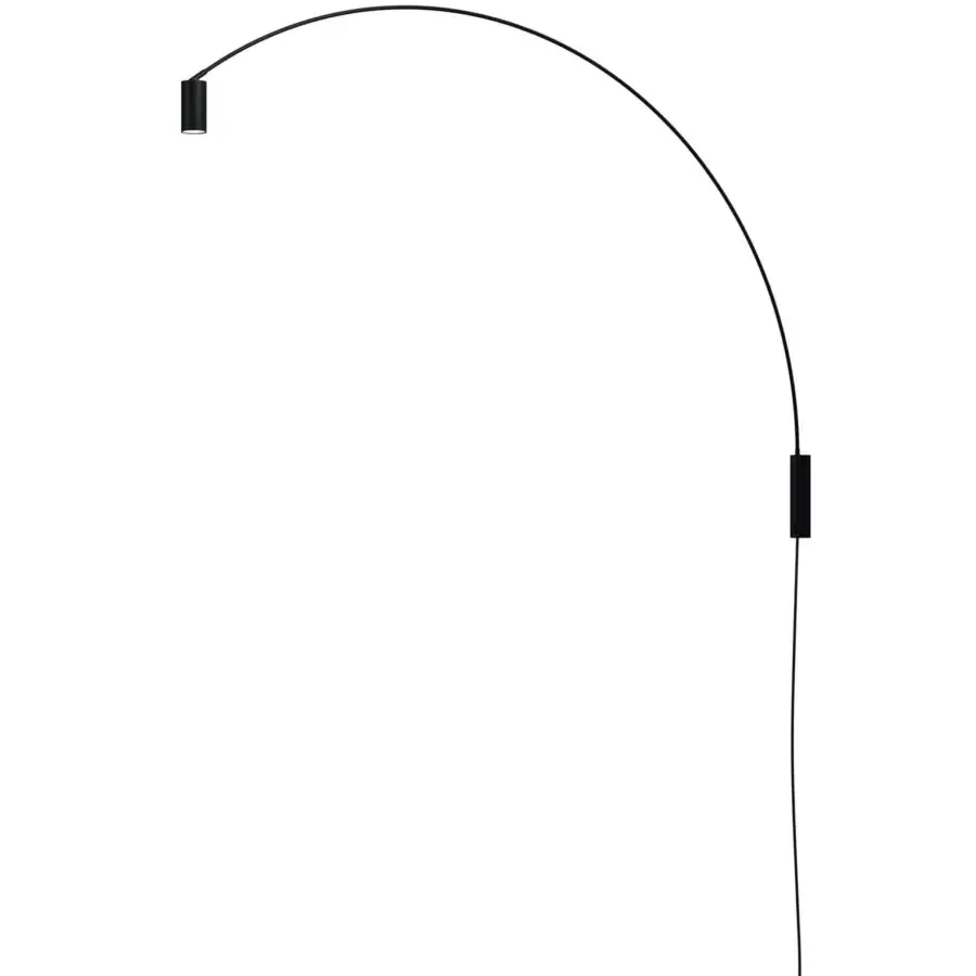 Architectural Nemo Lighting Fox wall lamp with a swiveling arc in matte black painted steel and cylindrical spot