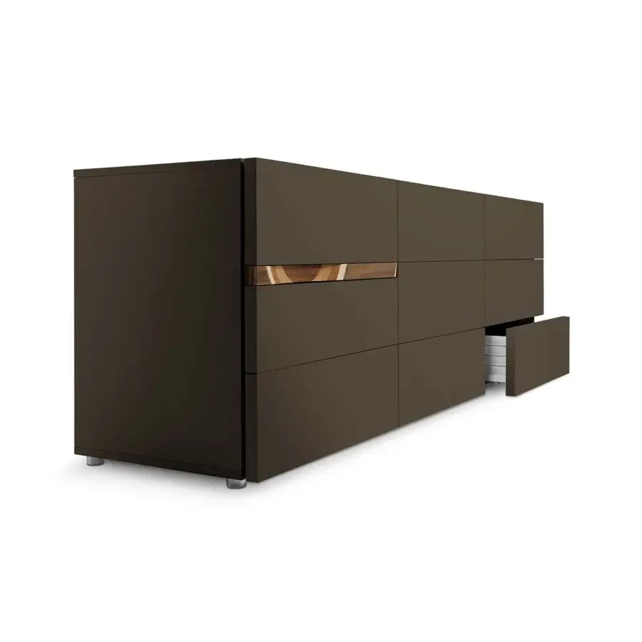 Exceptional Horm ComRì sideboard with lacquered MDF structure, drawers and doors in dark brown matte with glossy wood accents