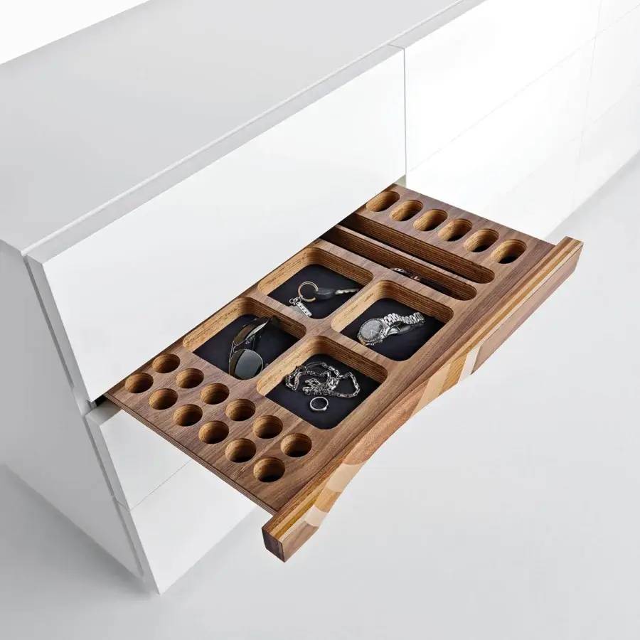 Elegant Horm ComRì sideboard with lacquered MDF structure, doors and drawers, plus Toyo Ito’s Ripples Bench insert concealing a jewelry organizer