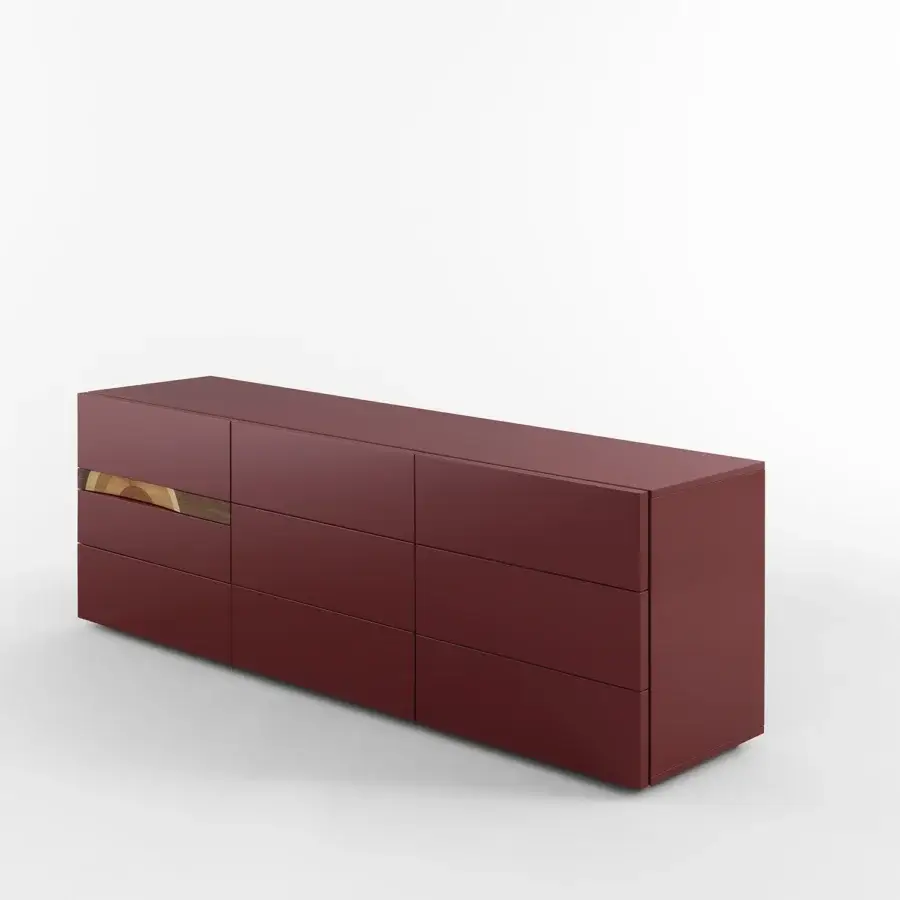 Distinguished Horm ComRì sideboard with lacquered MDF structure, burgundy front insert inspired by Ripples Bench, and natural wood grain drawer