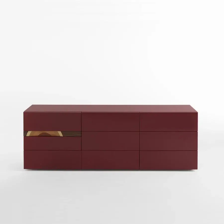 Superior Horm ComRì sideboard with lacquered MDF, deep red hue and unique wood inset handles inspired by Toyo Ito’s Ripples Bench