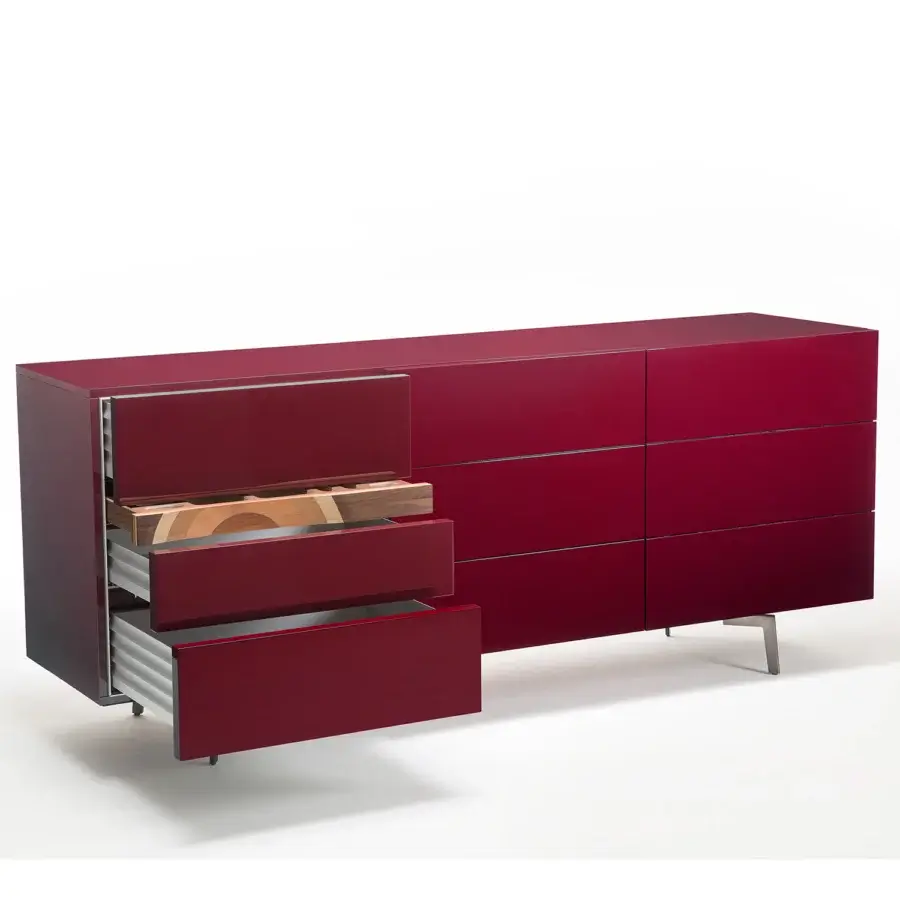 Captivating Horm ComRì sideboard with lacquered MDF structure, doors and drawers in a deep red glossy finish plus Toyo Ito’s Ripples Bench insert