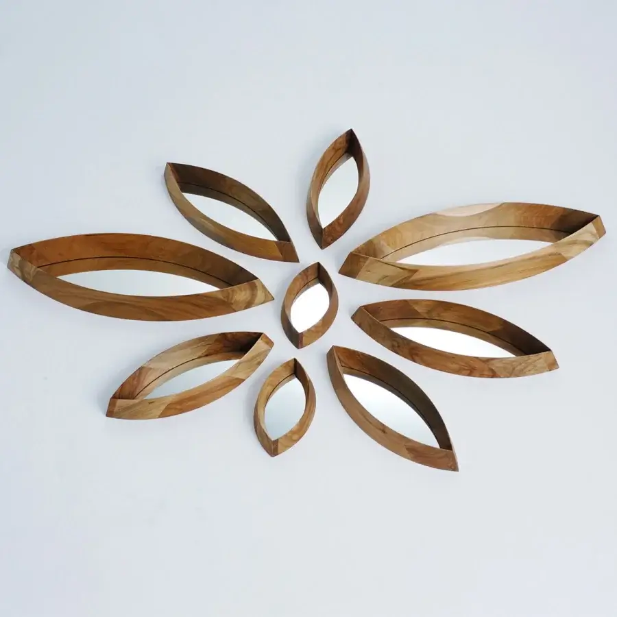 Exceptional Horm Mamanonmama mirror with organically shaped reflective petals in black-willow solid wood and medium-toned brown finish