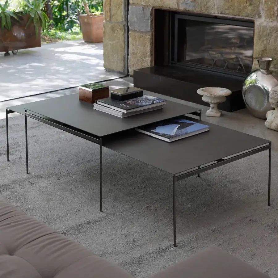 Superior Horm Torii coffee table built with unvarnished hard metal and ceramic in a dark gray matte finish