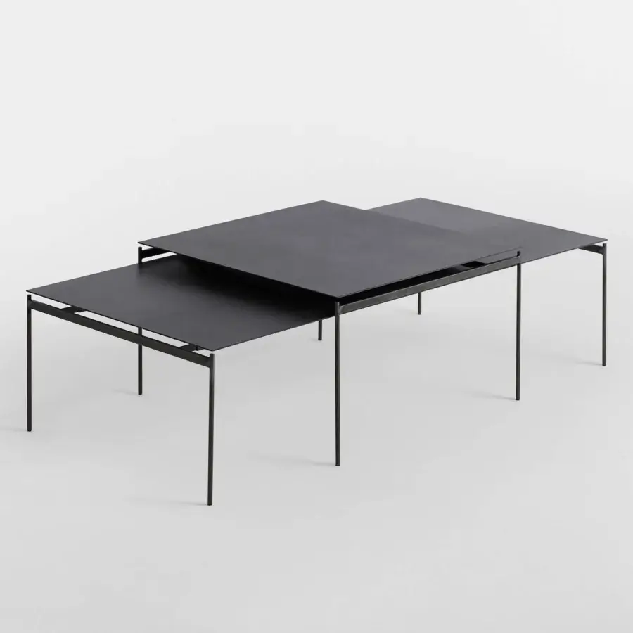 Captivating Horm Torii coffee table crafted in unvarnished hard metal and ceramic with a dark matte finish