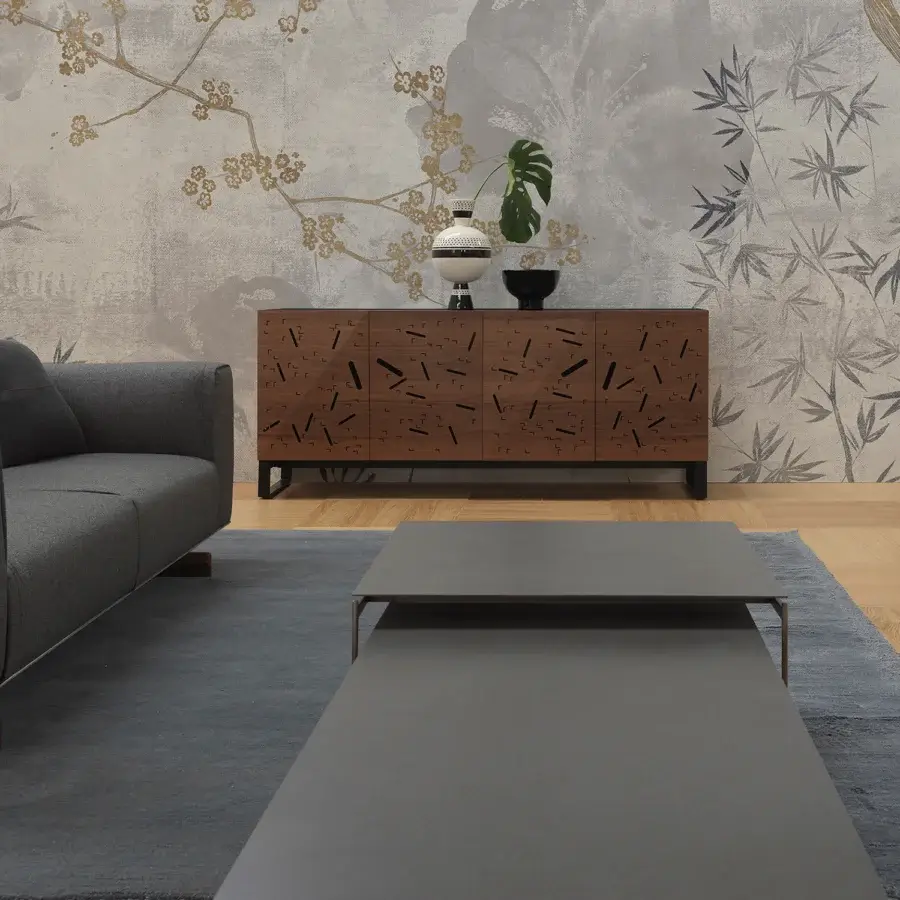 Elegant Horm Torii coffee table with unvarnished hard metal and ceramic in a uniform gray finish inspired by the Orient