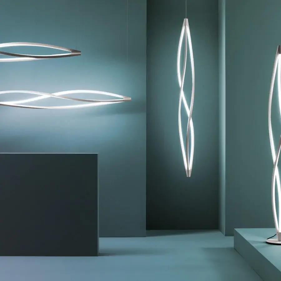 Innovative Nemo Lighting In The Wind floor lamp with helical extruded aluminum and opaline methacrylate diffusers, matte finish