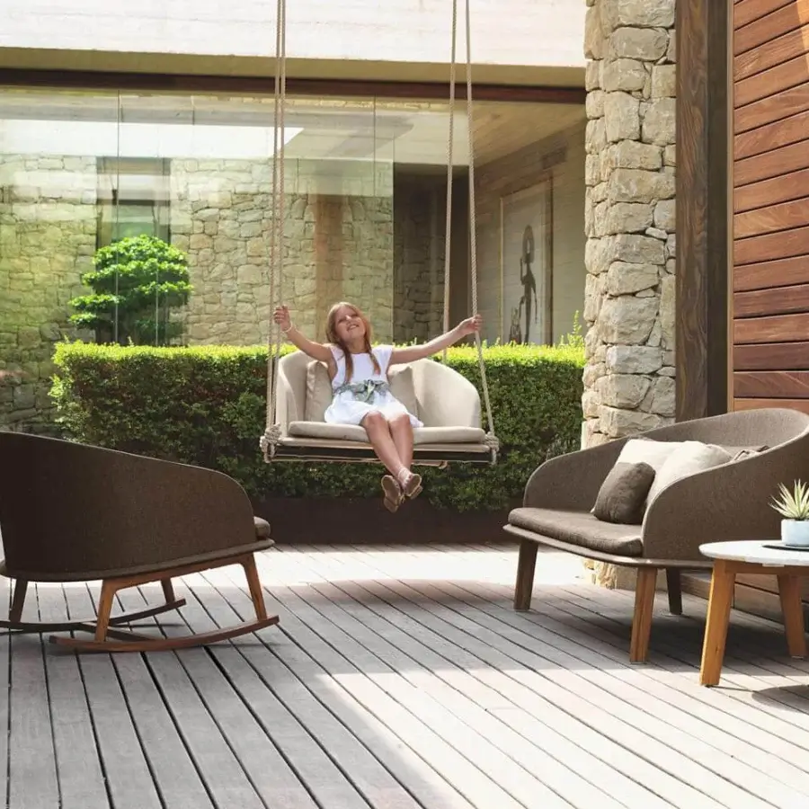 Exceptional Talenti Cleo lounge chair with a curved silhouette and refined removable weather-resistant cushions in medium brown tones with wood legs