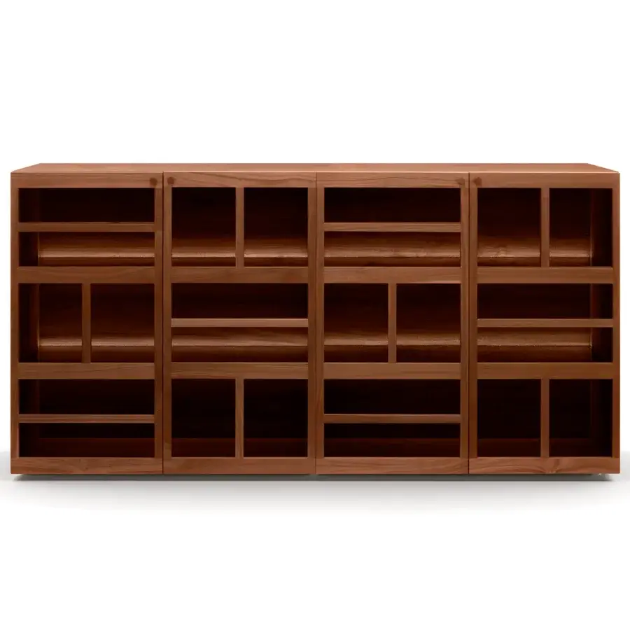 Exclusive Horm Torii sideboard crafted in Italy with medium brown wood, smooth matte finish and illuminated glass shelving