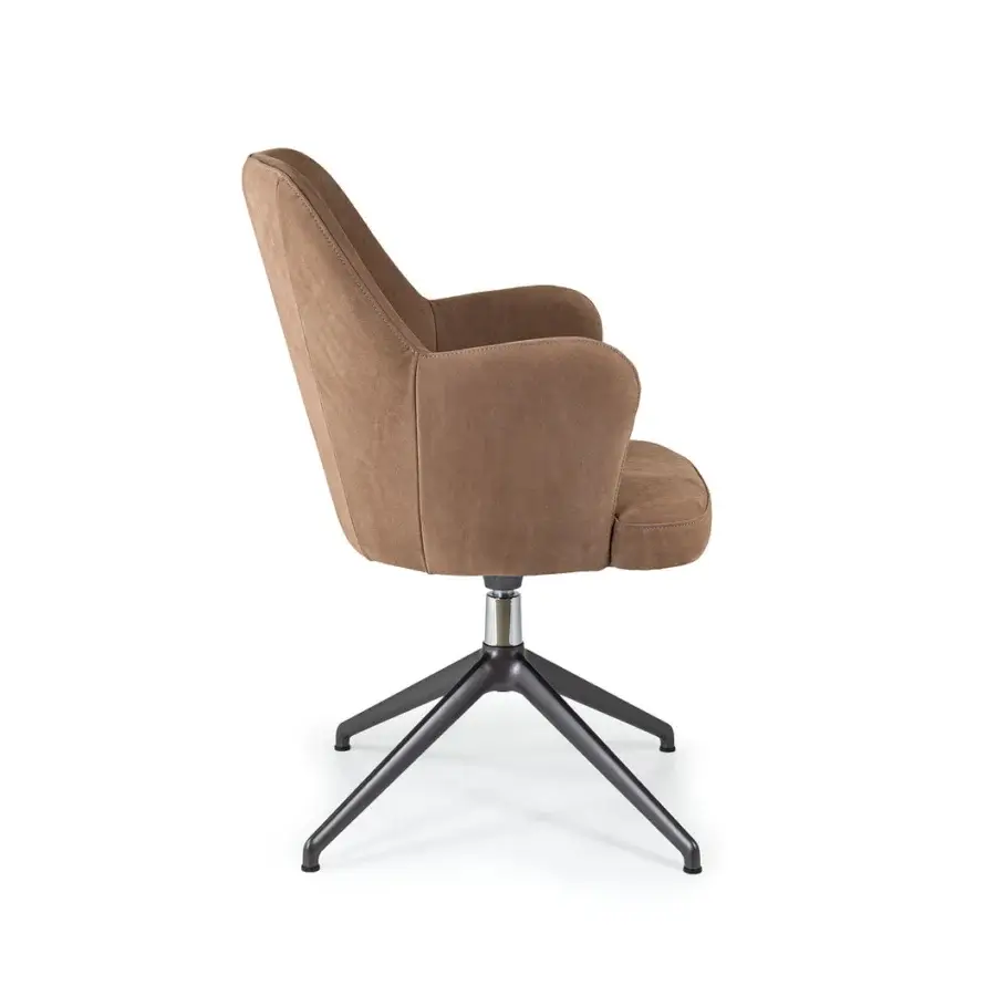 Superior Borzalino Bob Office armchair with curved medium brown textile upholstery and dark powder-coated aluminum base