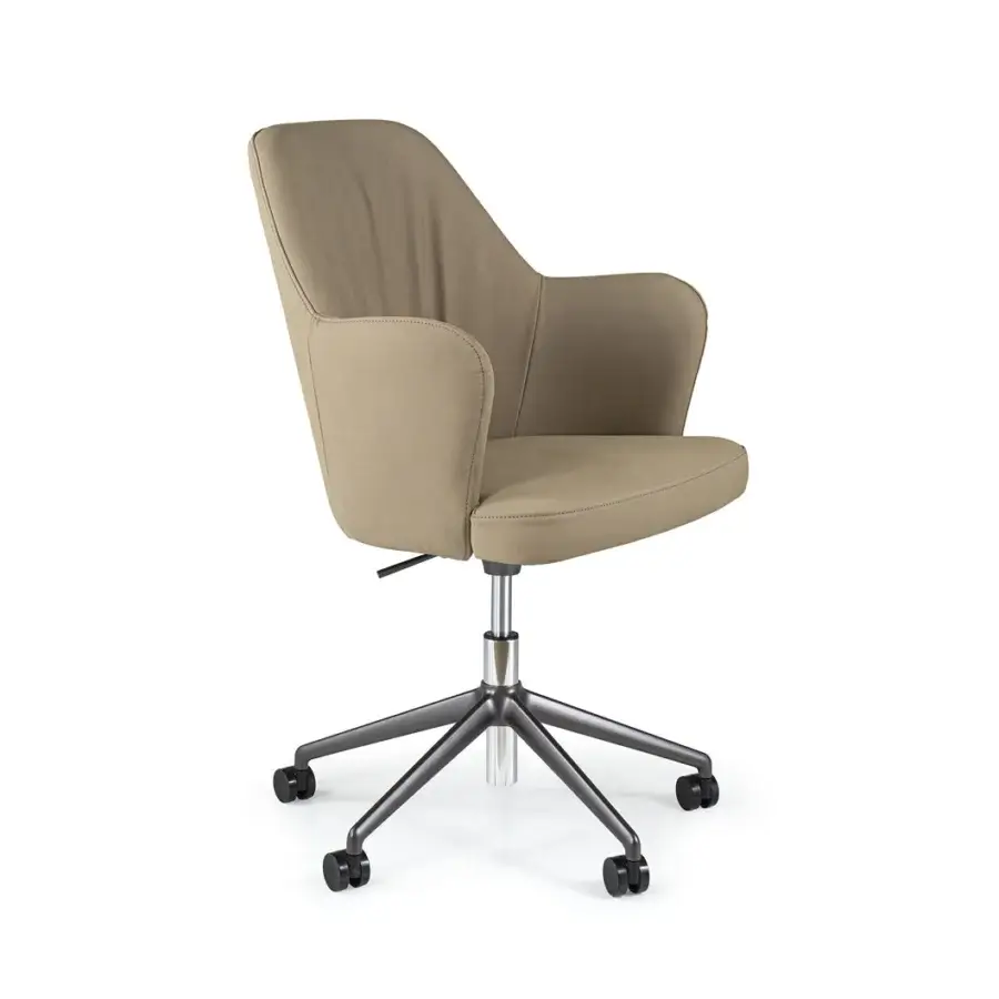 Superior Borzalino Bob Office armchair with rounded form in muted beige textile and powder-coated aluminum swivel base