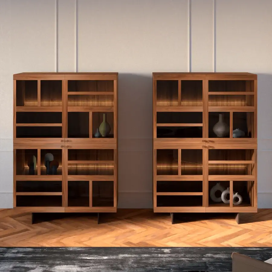 Elegant Horm Torii cupboard with internal glass shelves and satin medium-toned brown wood finish crafted in Italy