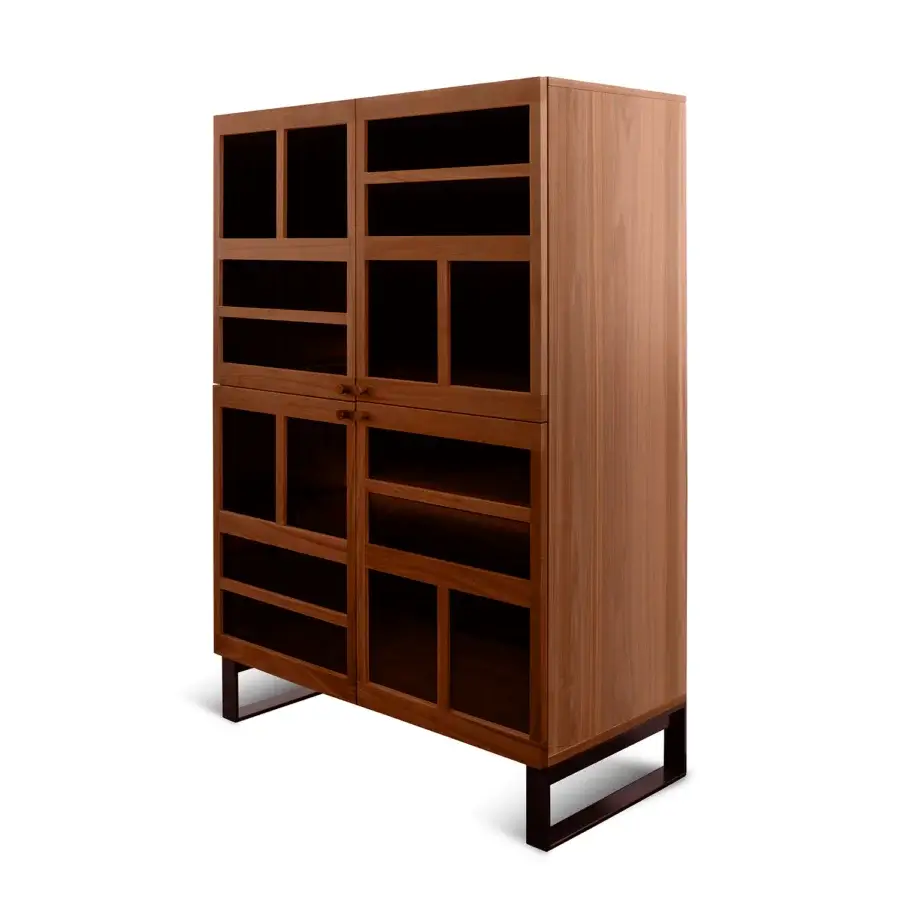 Exceptional Horm Torii cupboard crafted in wood with smooth brown finish and geometric grid compartments with internal glass shelves