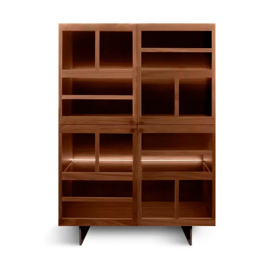 Superior Horm Torii cupboard crafted in medium brown wood with smooth finish and illuminated four-section interior