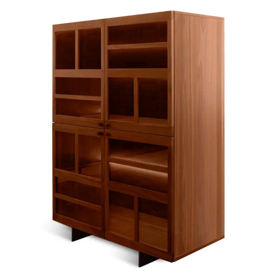 Distinguished Horm Torii cupboard crafted in Italy with internal glass shelves and medium brown wood finish