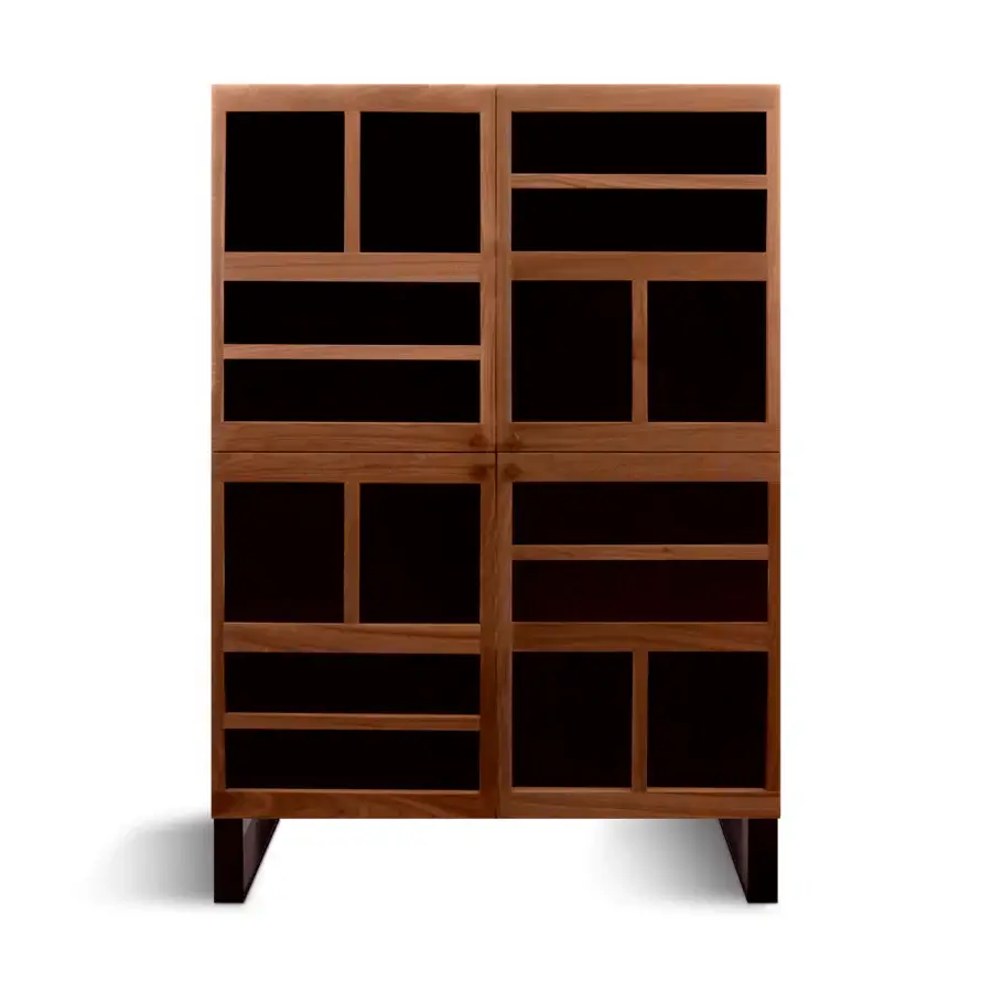 Exceptional Horm Torii cupboard crafted in Italy with dark insets, smooth medium brown wood and internal glass shelves