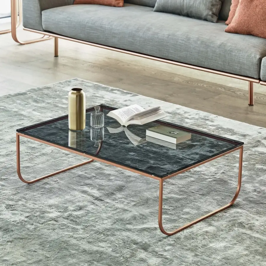 Superior Bontempi Tokio coffee table with a curved metal frame in rose-gold and a dark smoky glass top