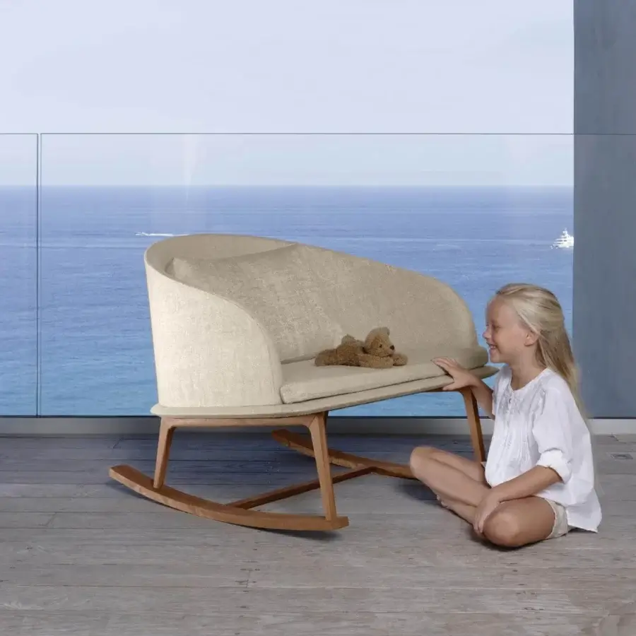 Sophisticated Talenti Cleo rocking lounge chair with light beige removable weather-resistant fabric and wood structure