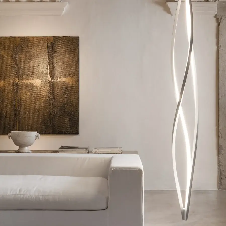 Superior Nemo In The Wind suspension lamp with twisted aluminum form and opaline methacrylate diffusers in matte gray finish