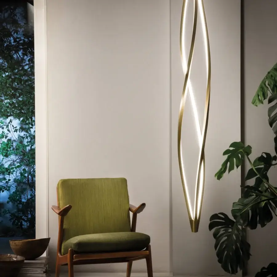 Distinguished Nemo In The Wind suspension lamp with helical aluminum form and opaline methacrylate diffusers crafted with a golden finish