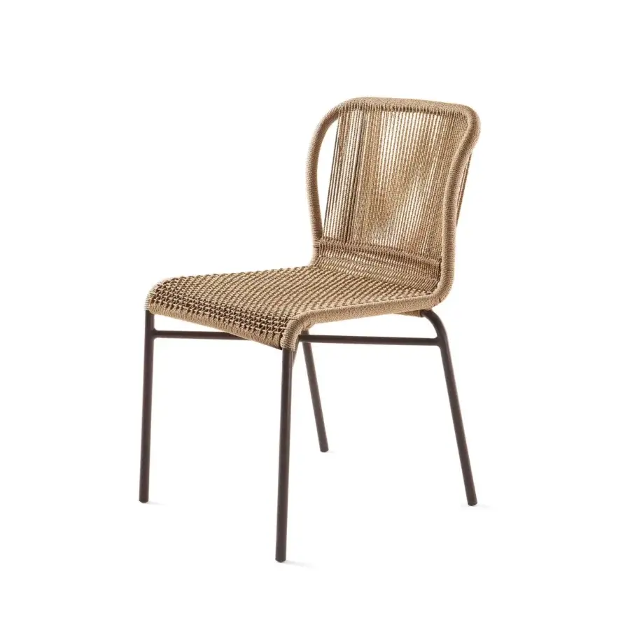 Elegant Varaschin Cricket chair with a light brown hand-woven synthetic fiber covering and powder coated aluminum structure