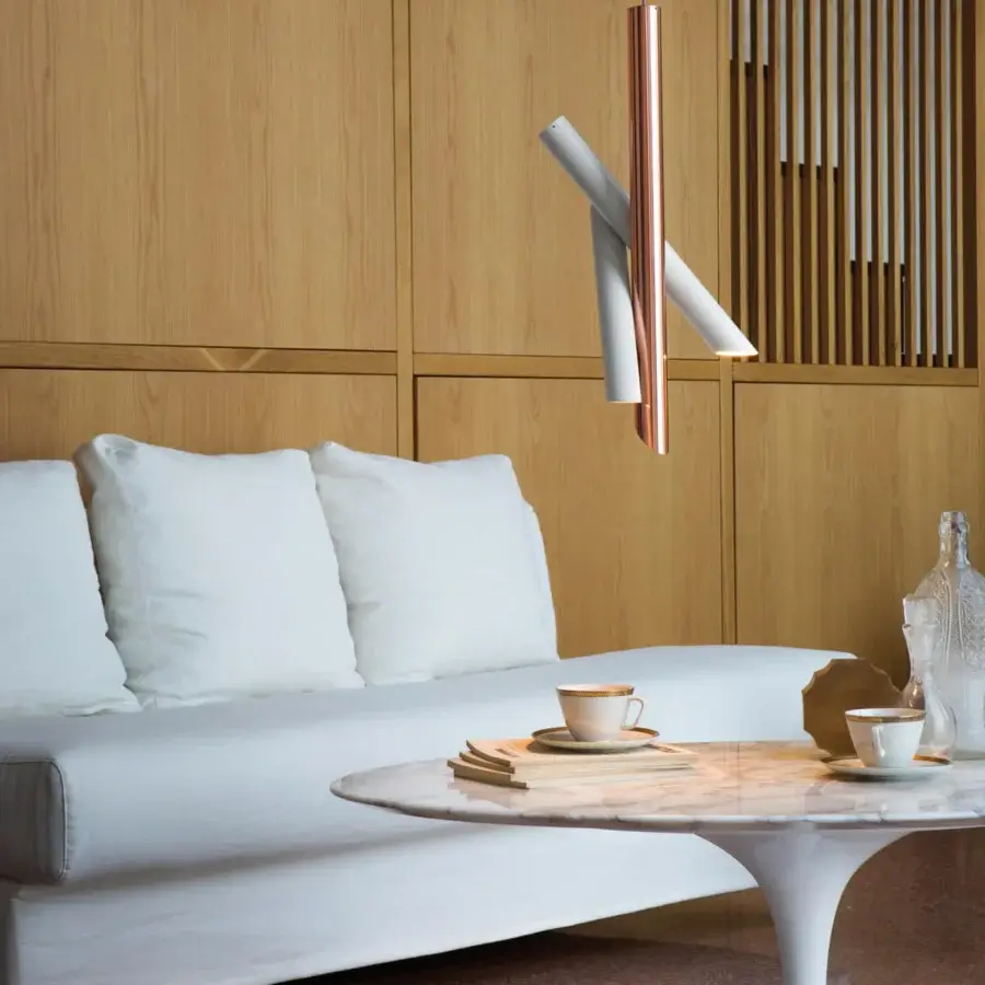 Superior Nemo Tubes suspension lamp with slender cables, matte white aluminum tubes and a metallic element
