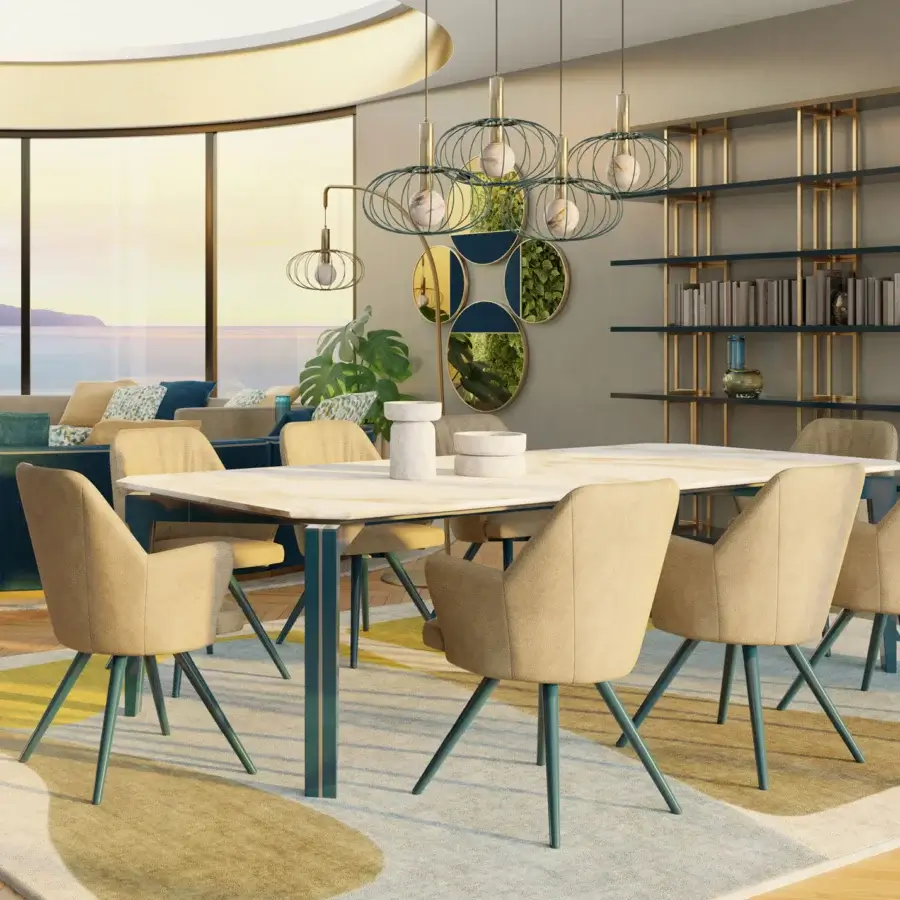 Lavish Borzalino Bob armchair with enveloping curves upholstered in matte beige textile and teal lacquered splayed legs