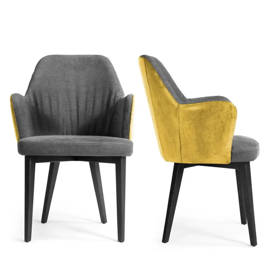 Elegant Borzalino Bob armchair with enveloping curved backrest upholstered in gray textile with yellow accents and solid natural oak legs