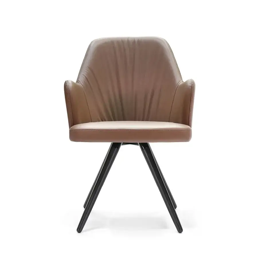 Superior Borzalino Bob armchair with smooth brown textile mono-cover and solid natural oak base in an X configuration