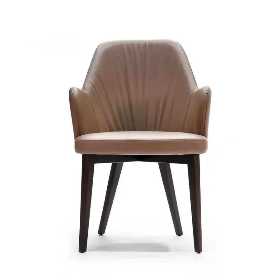 Distinguished Borzalino Bob armchair with enveloping curved backrest and solid natural oak “R” style base in light brown leather