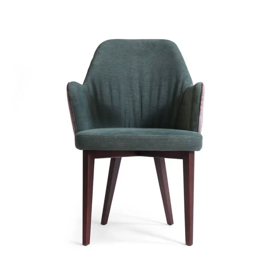 Lavish Borzalino Bob armchair with enveloping curved backrest and solid dark brown natural oak base in R style