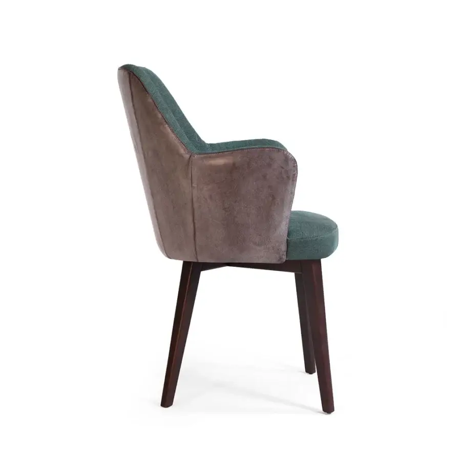 Superior Borzalino Bob armchair with enveloping curved backrest upholstered in brownish gray and green textile with natural oak base