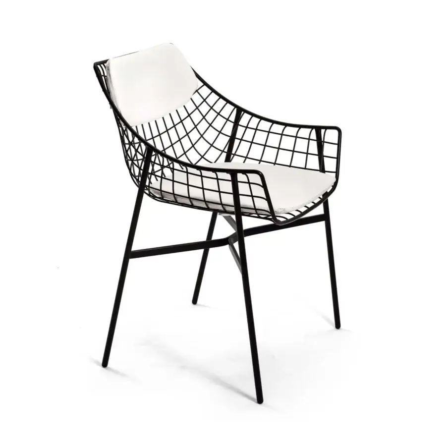 Elegant Varaschin Summer Set armchair with a geometric silhouette and white cushioned pads in a black powder-coated steel grid frame