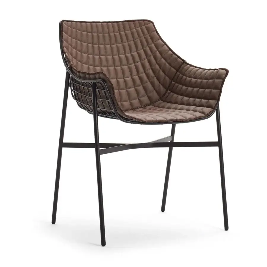 Distinguished Varaschin Summer Set armchair with a dark matte steel grid frame and quilted brown diamond-patterned textile cushions