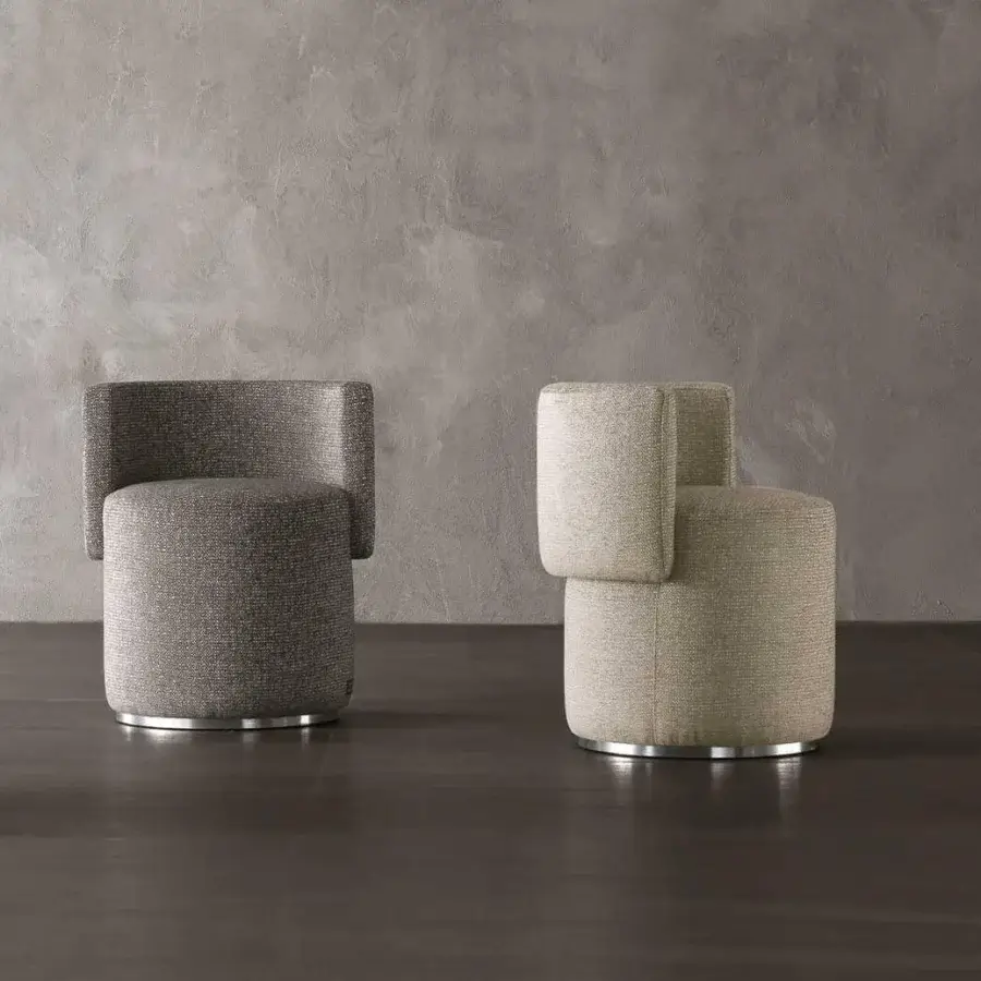 Distinguished Rugiano Love Seat ottoman crafted in Italy with textile upholstery in light and dark grays, beige and white with a satin metal base