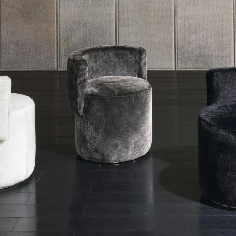 Superior Rugiano Love Seat ottoman upholstered in soft gray textile with sleek metal base crafted in Italy